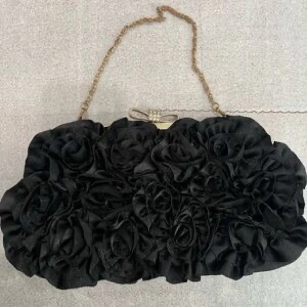 Black Floral Rosette Evening Clutch with Gold Chain